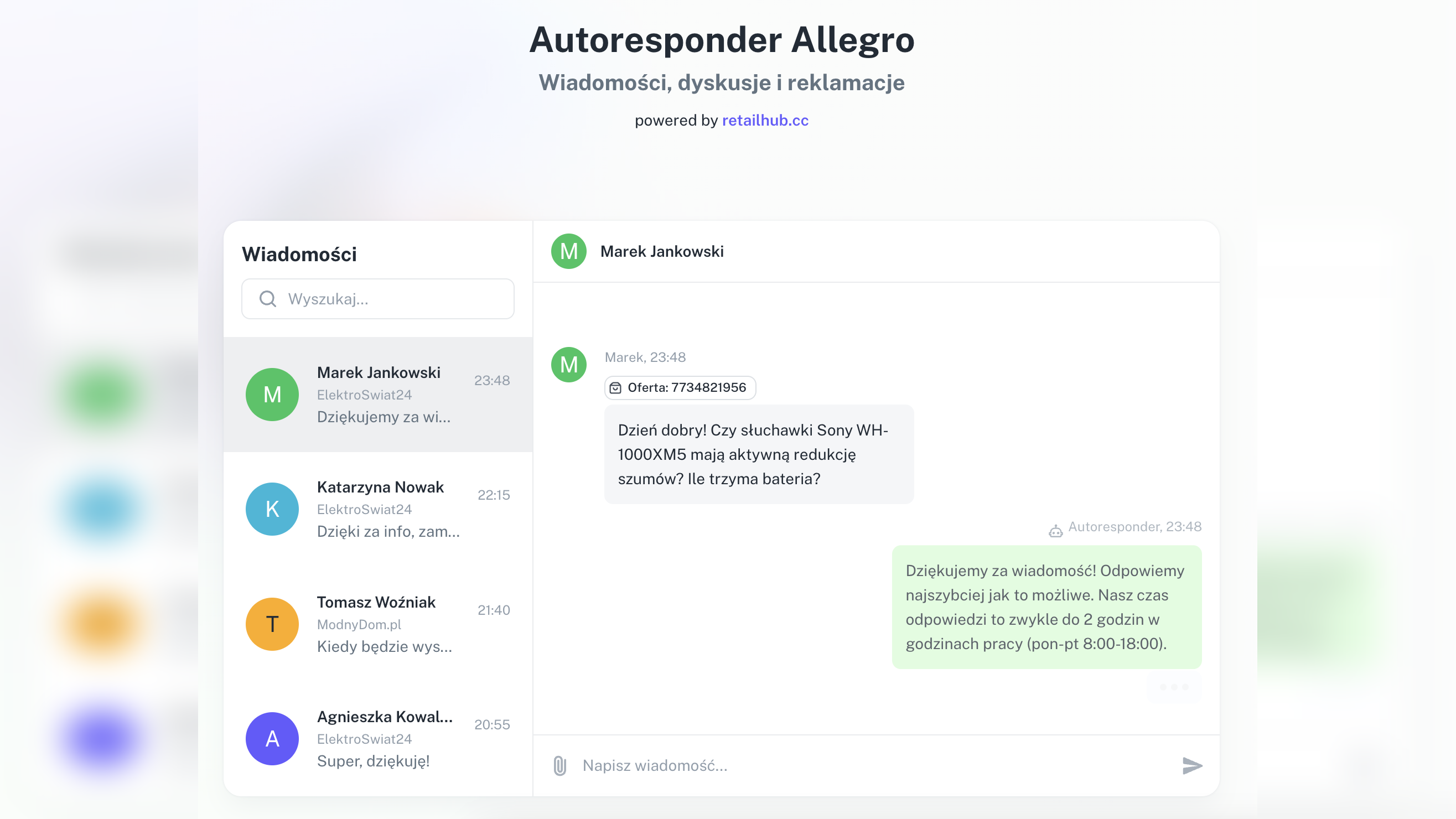 Autoresponder do wiadomości na Allegro - panel zarządzania wiadomościami